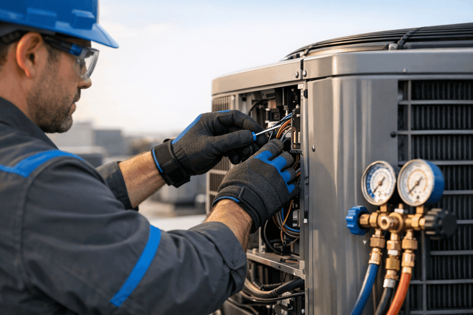 HVAC technician in PPE performing maintenance on rooftop air conditioning unit