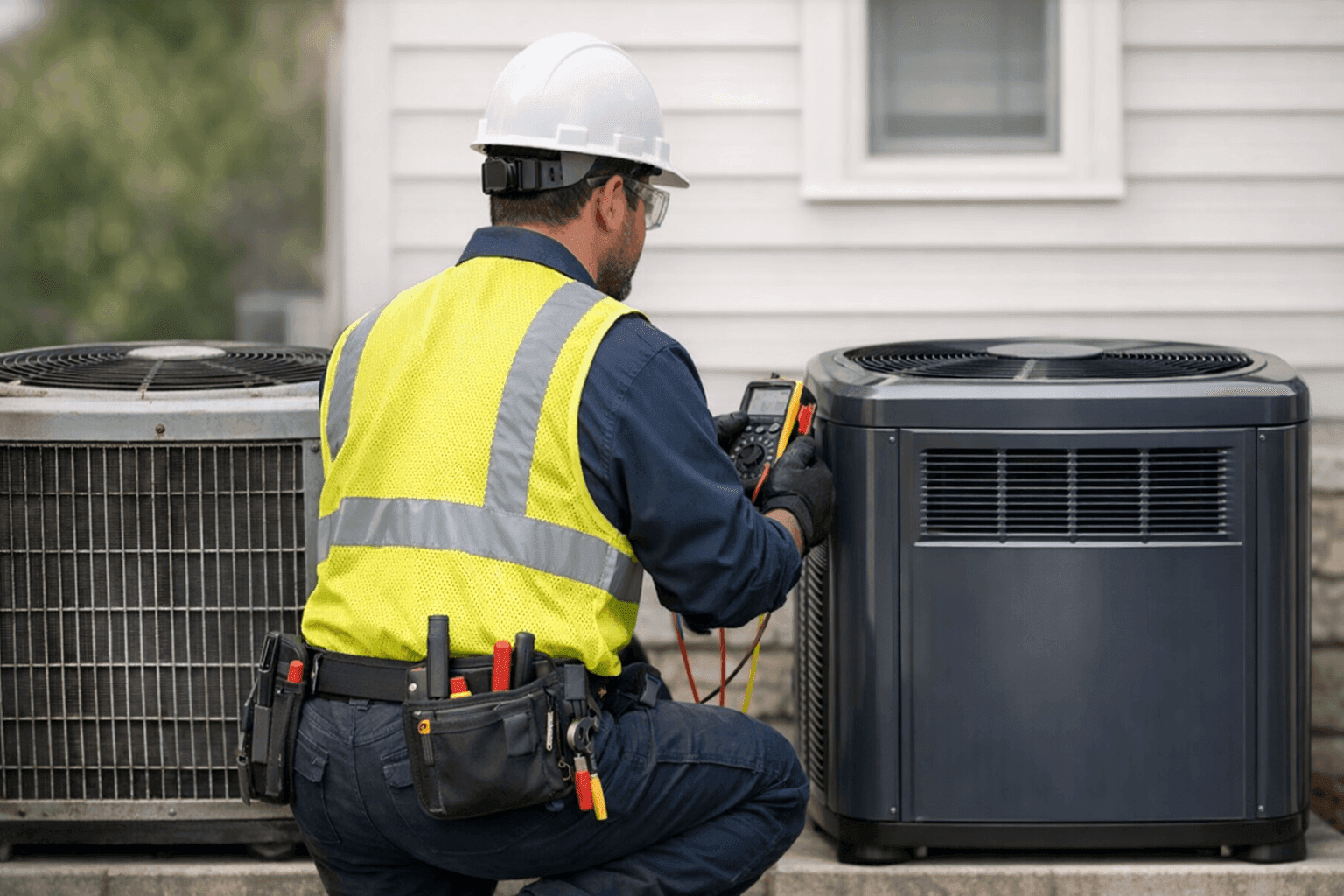 Technician comparing an old and new AC unit side by side