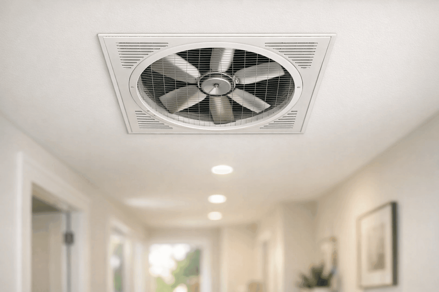 Whole-house fan installed on ceiling in hallway