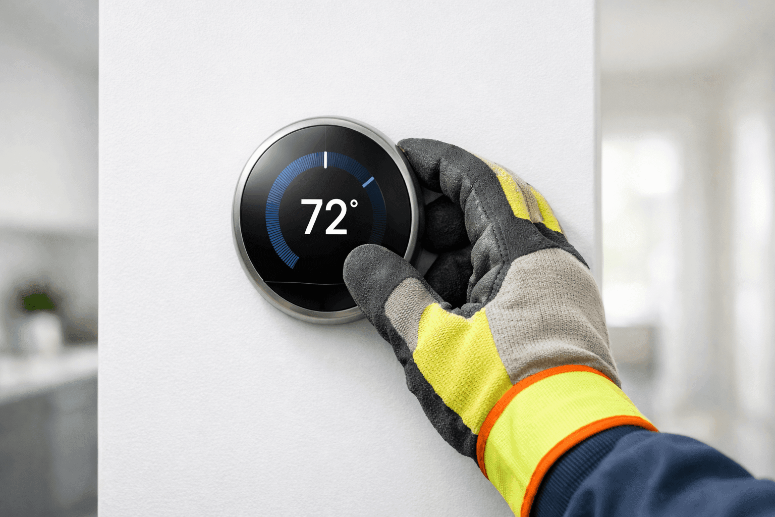 Hand adjusting modern smart thermostat on wall