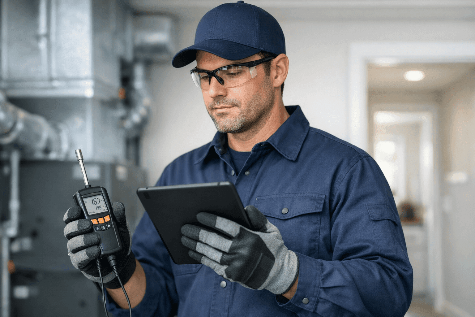 Technician performing an energy audit with a tablet and sensors