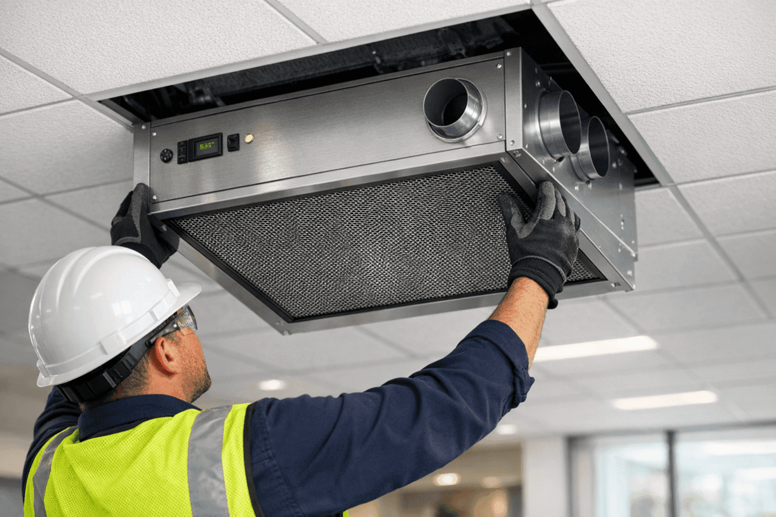 Technician installing a large air scrubber in an office ceiling