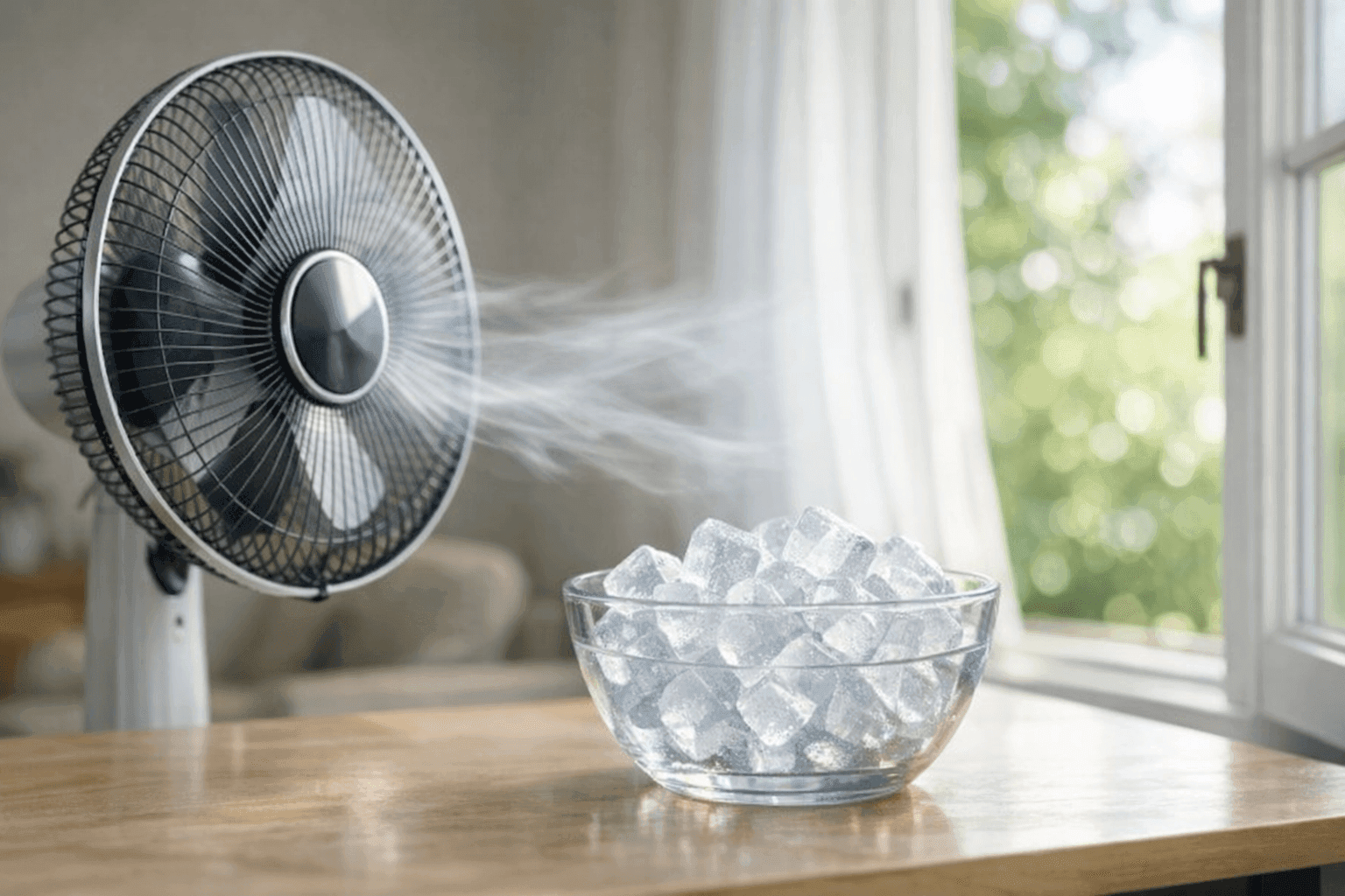 Fan and ice in front of open window for emergency cooling