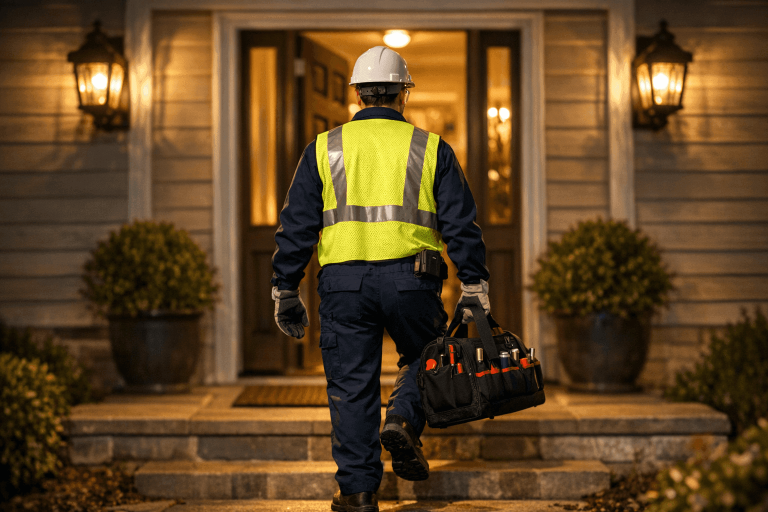 Technician arriving at home at night for emergency AC repair