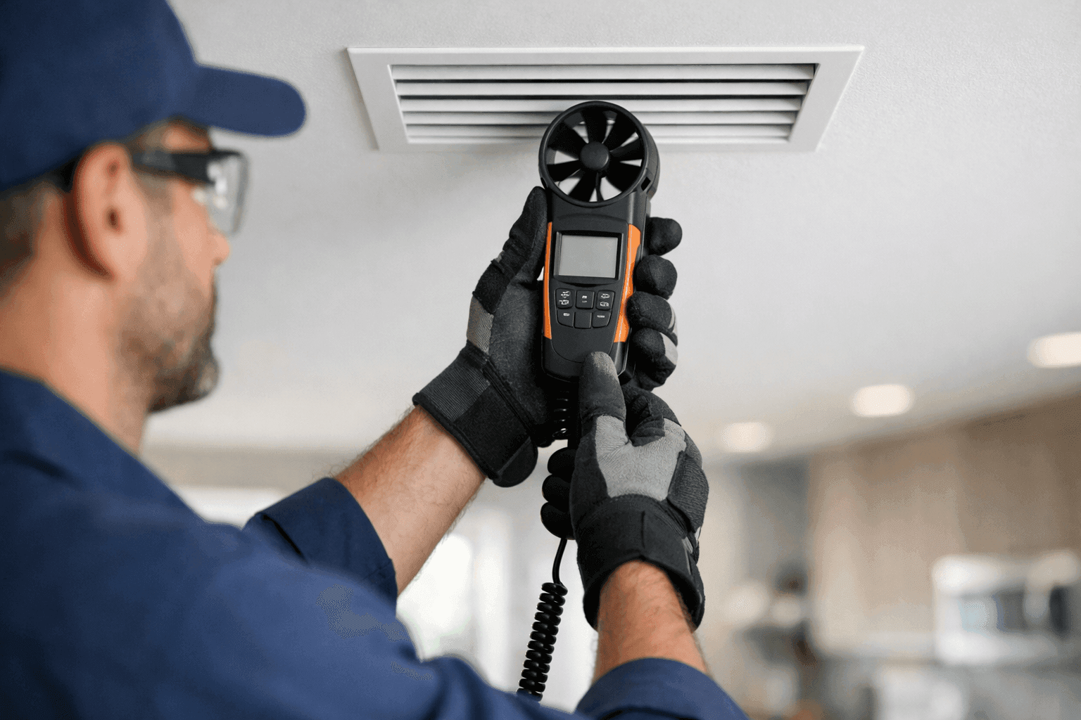 Technician measuring air flow at ceiling register