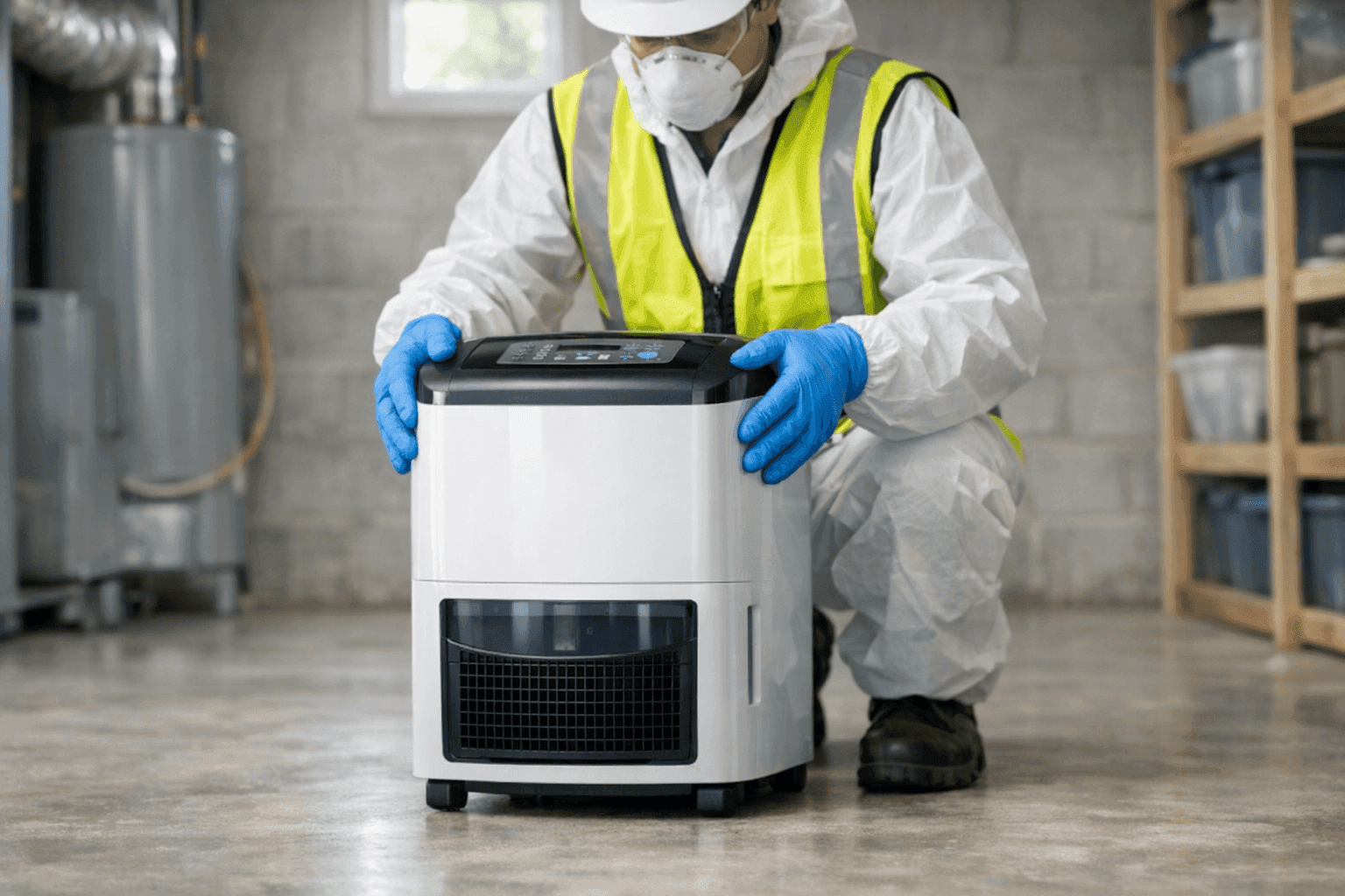 Technician placing a portable dehumidifier in a home basement