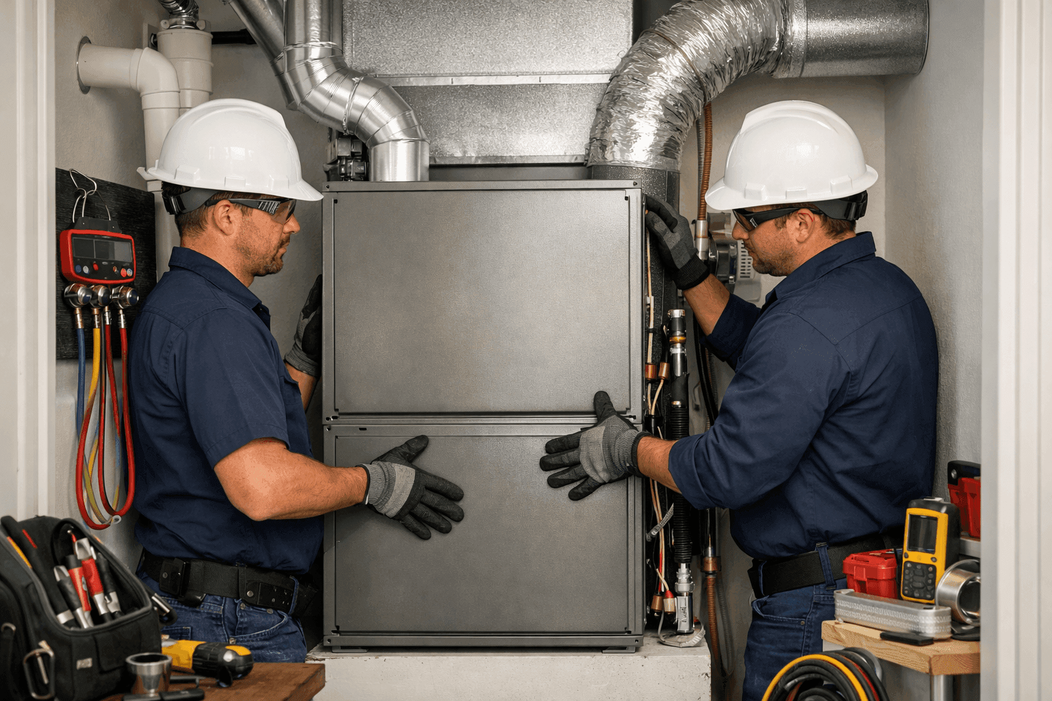 Technicians installing HVAC unit in utility closet