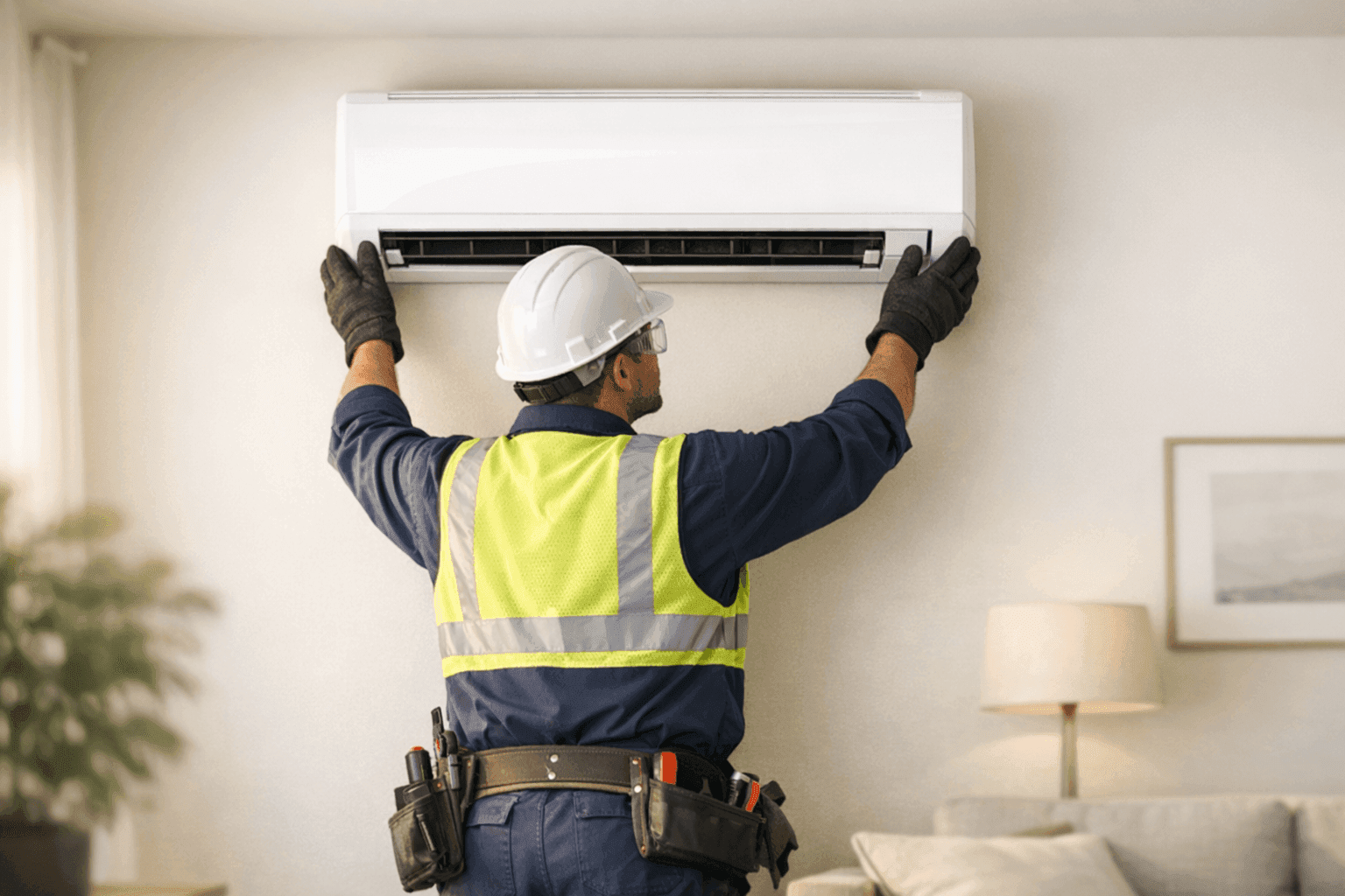 Technician installing a wall-mounted mini-split indoor unit