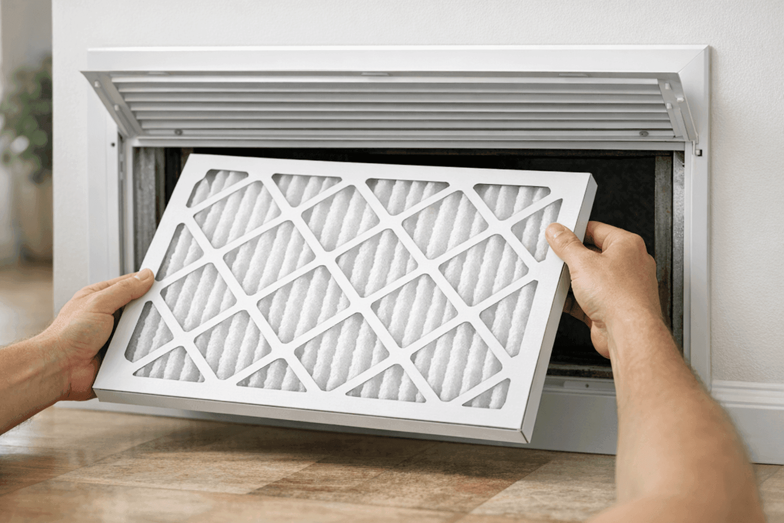 Clean HVAC filter being inserted into air return