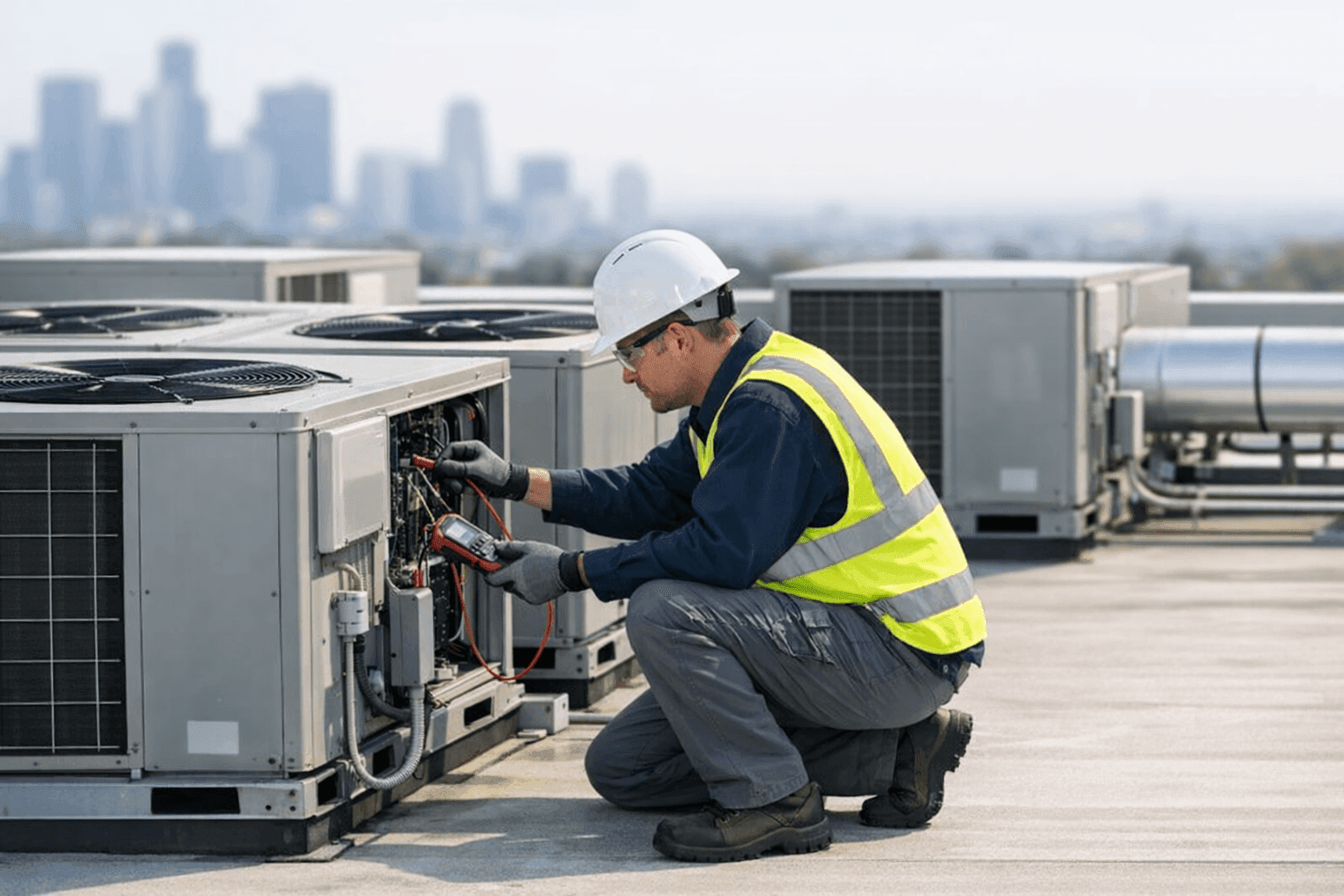 Technician inspecting rooftop commercial HVAC units