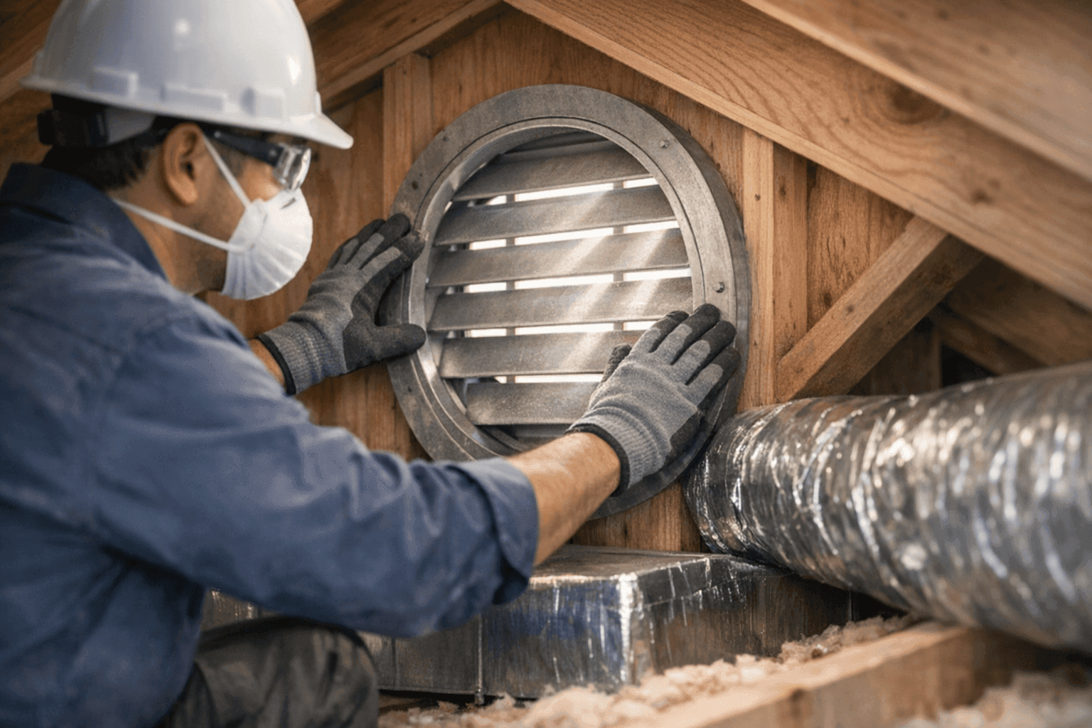 Technician inspecting a home's attic ventilation system