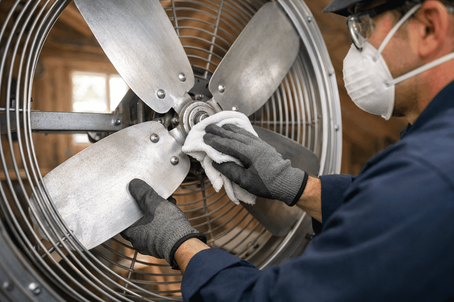 Technician cleaning a large attic whole-house fan