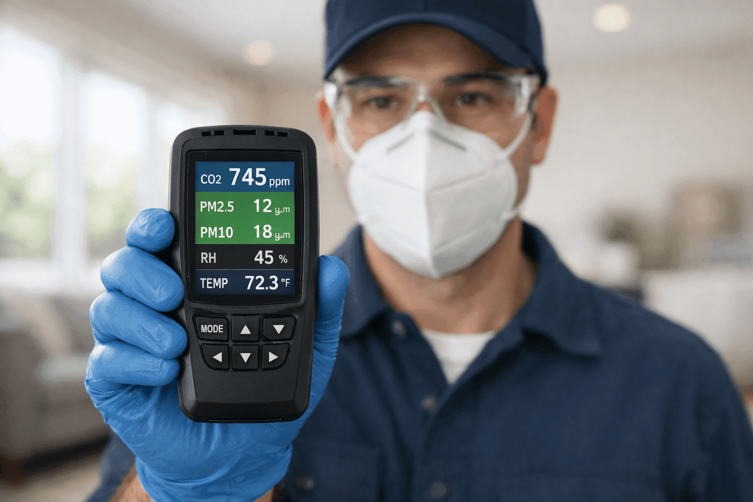Technician testing indoor air quality using a handheld device in a living room