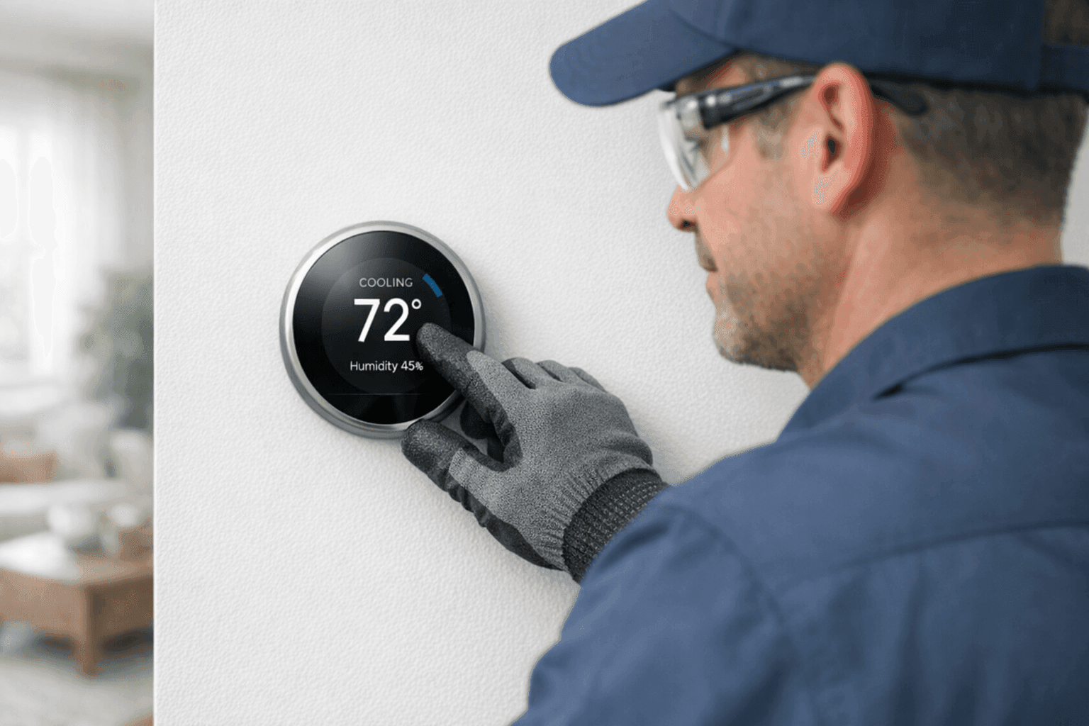 Technician adjusting thermostat in a bright home to optimize cooling costs