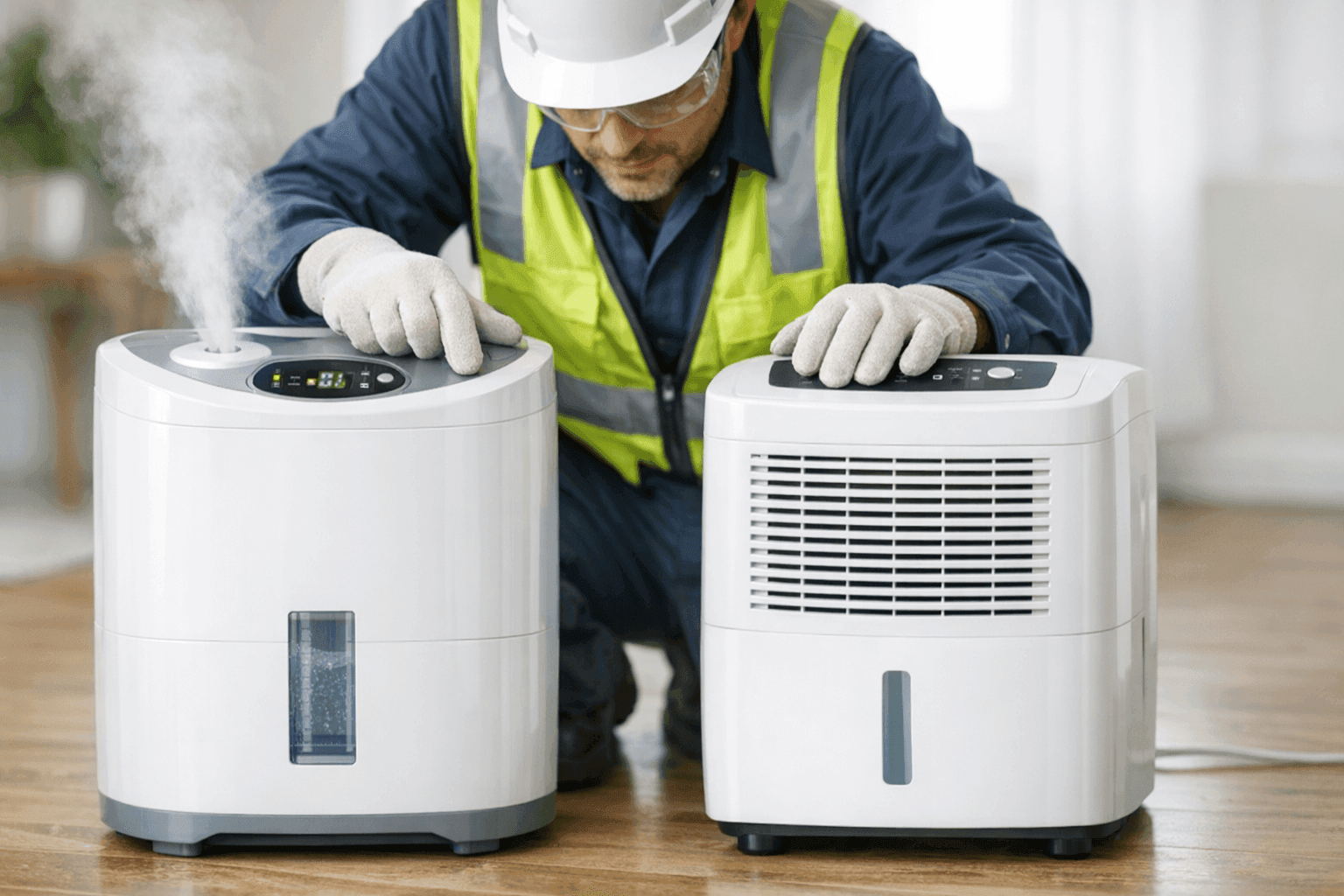 Technician adjusting dehumidifier and humidifier in a home