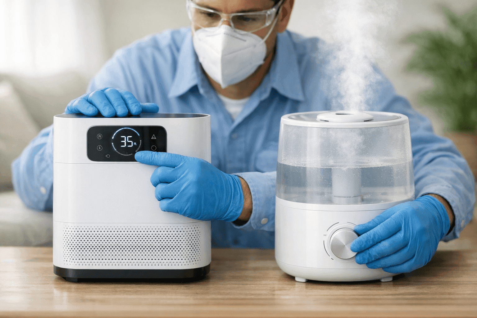 Technician adjusting air purifier and humidifier in a living space