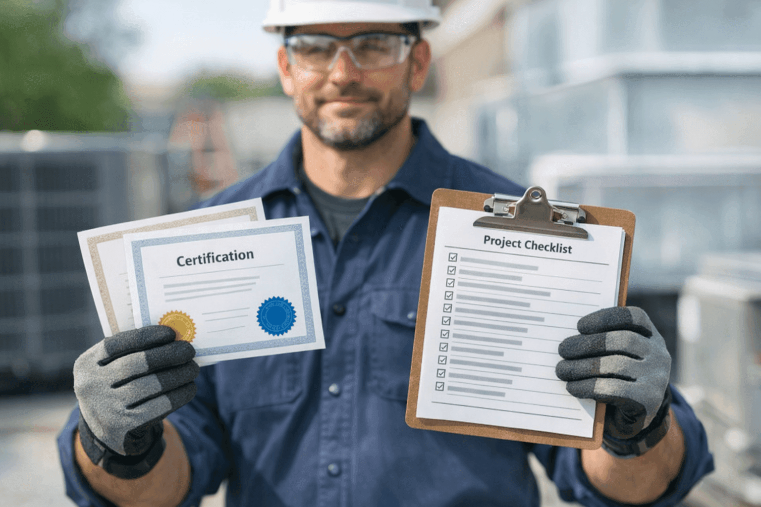 Technician showing HVAC certifications and a checklist at a job site