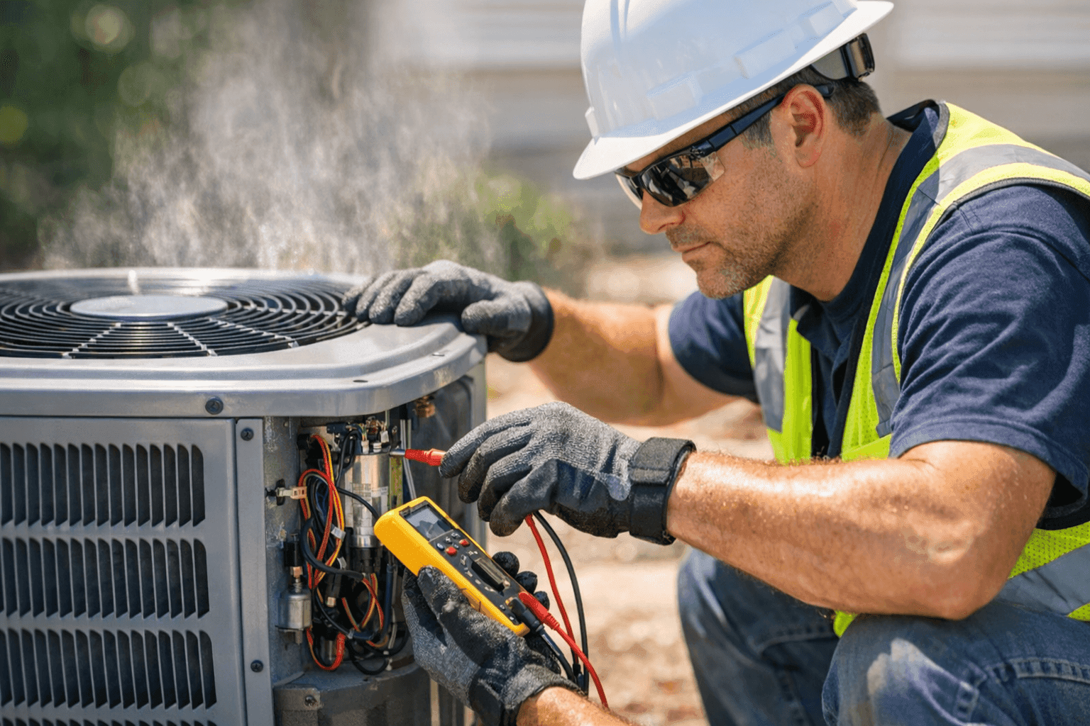 Technician inspecting outdoor AC unit in intense sunlight