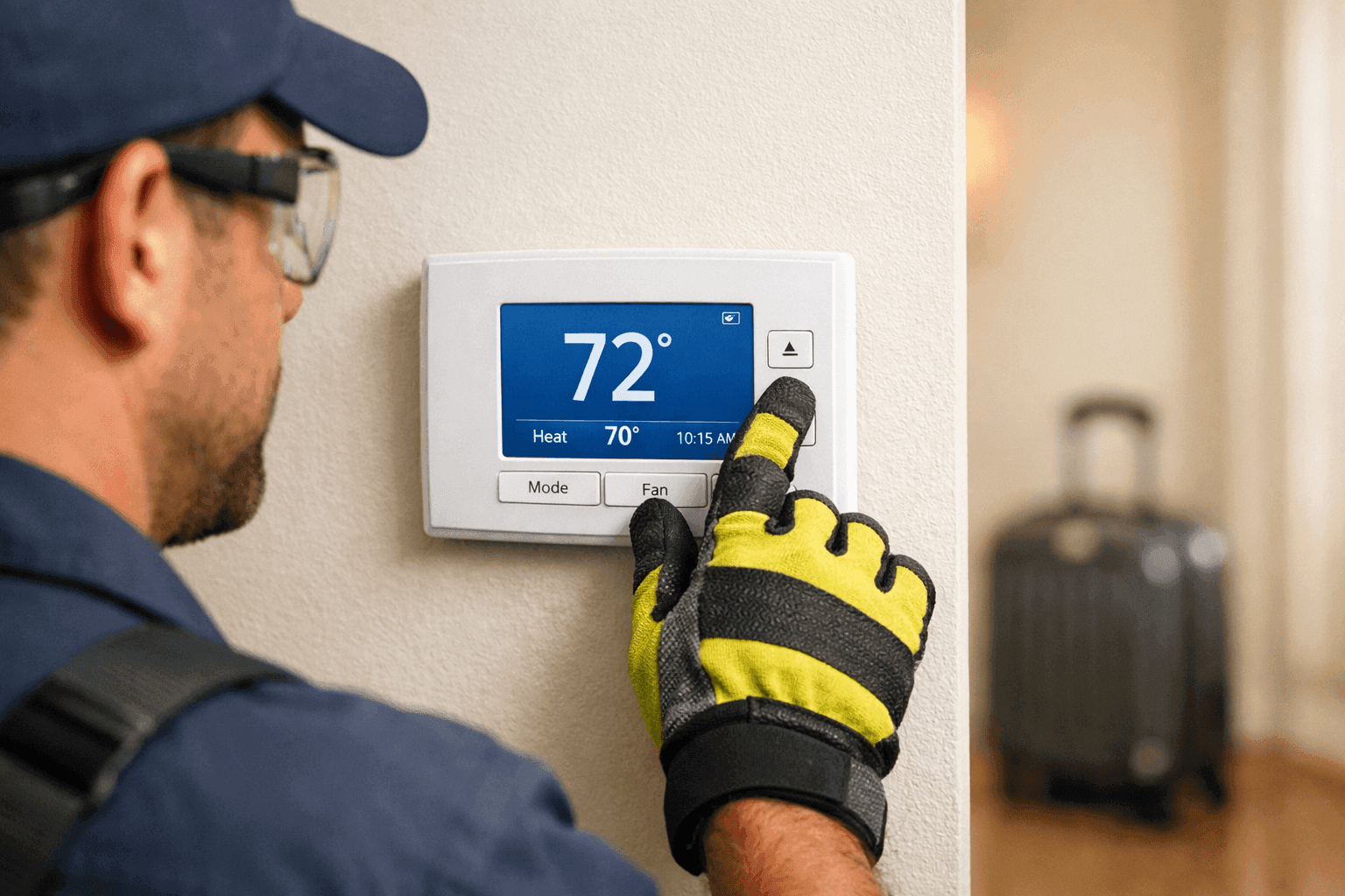 Technician adjusting thermostat settings before leaving home