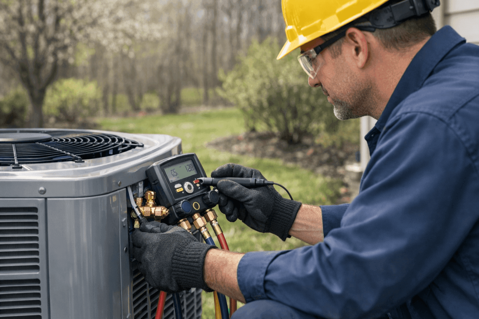 Technician checking an outdoor AC unit for spring startup