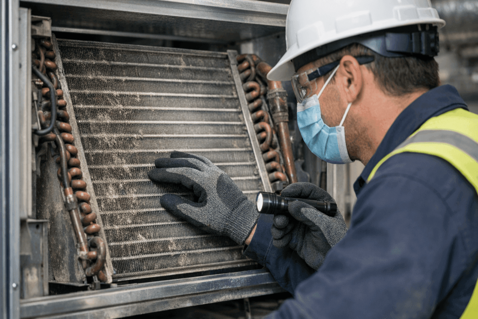 Technician inspecting AC evaporator coils for mold and dirt