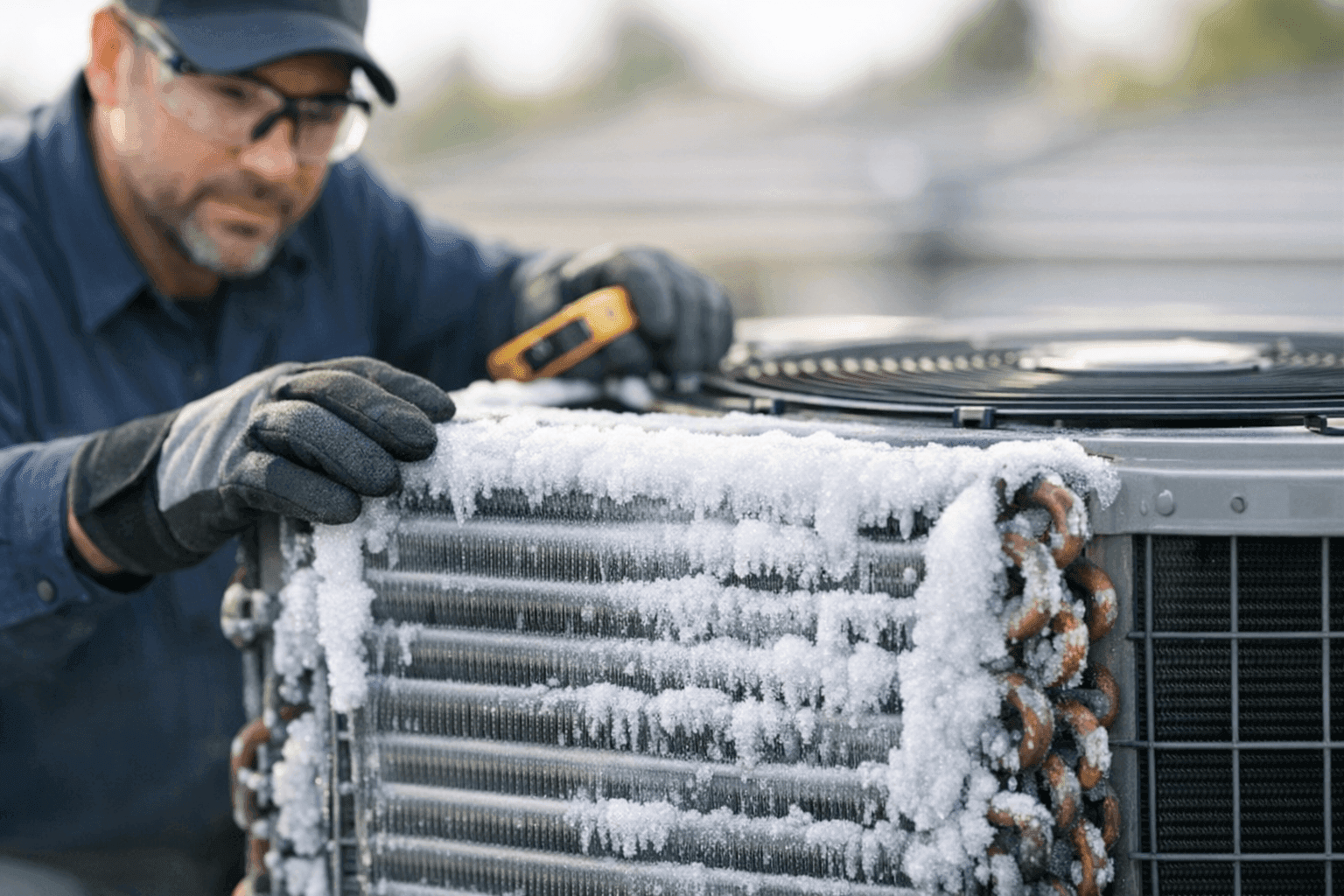 Technician inspecting frozen AC condenser coils outdoors
