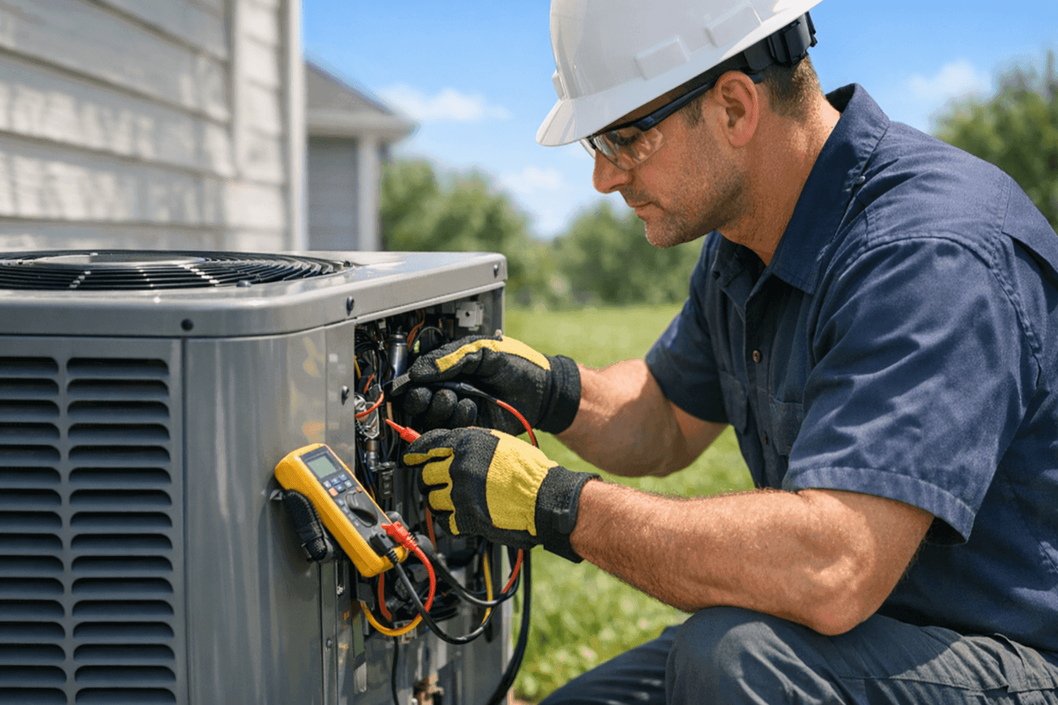 Technician checking AC system during hot summer day