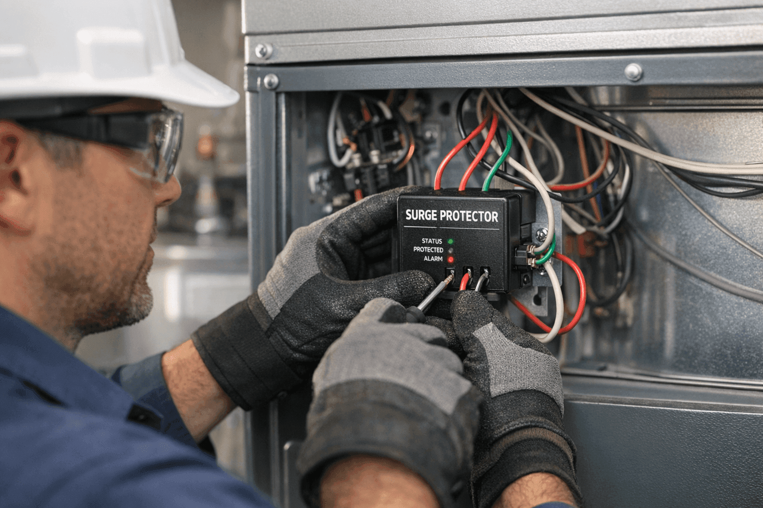 Technician installing a surge protector near an HVAC unit