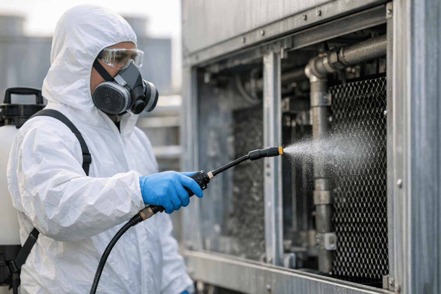 Technician disinfecting HVAC cooling tower with spray equipment