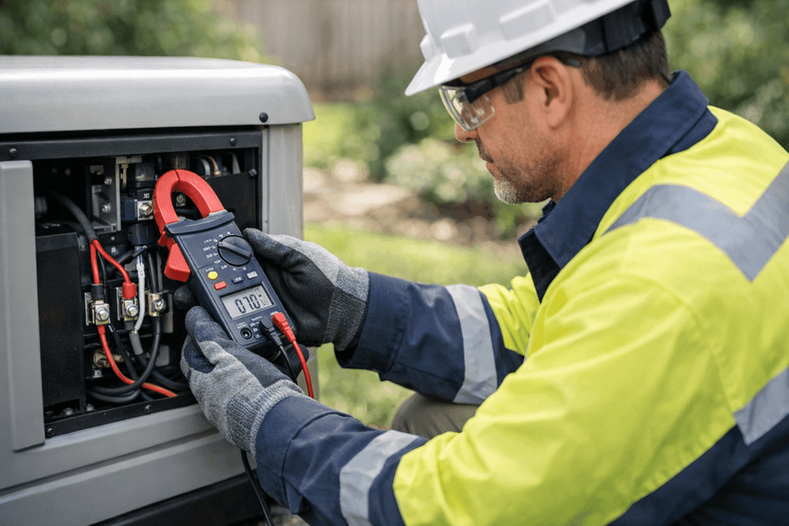 Technician checking generator load with a clamp meter outdoors