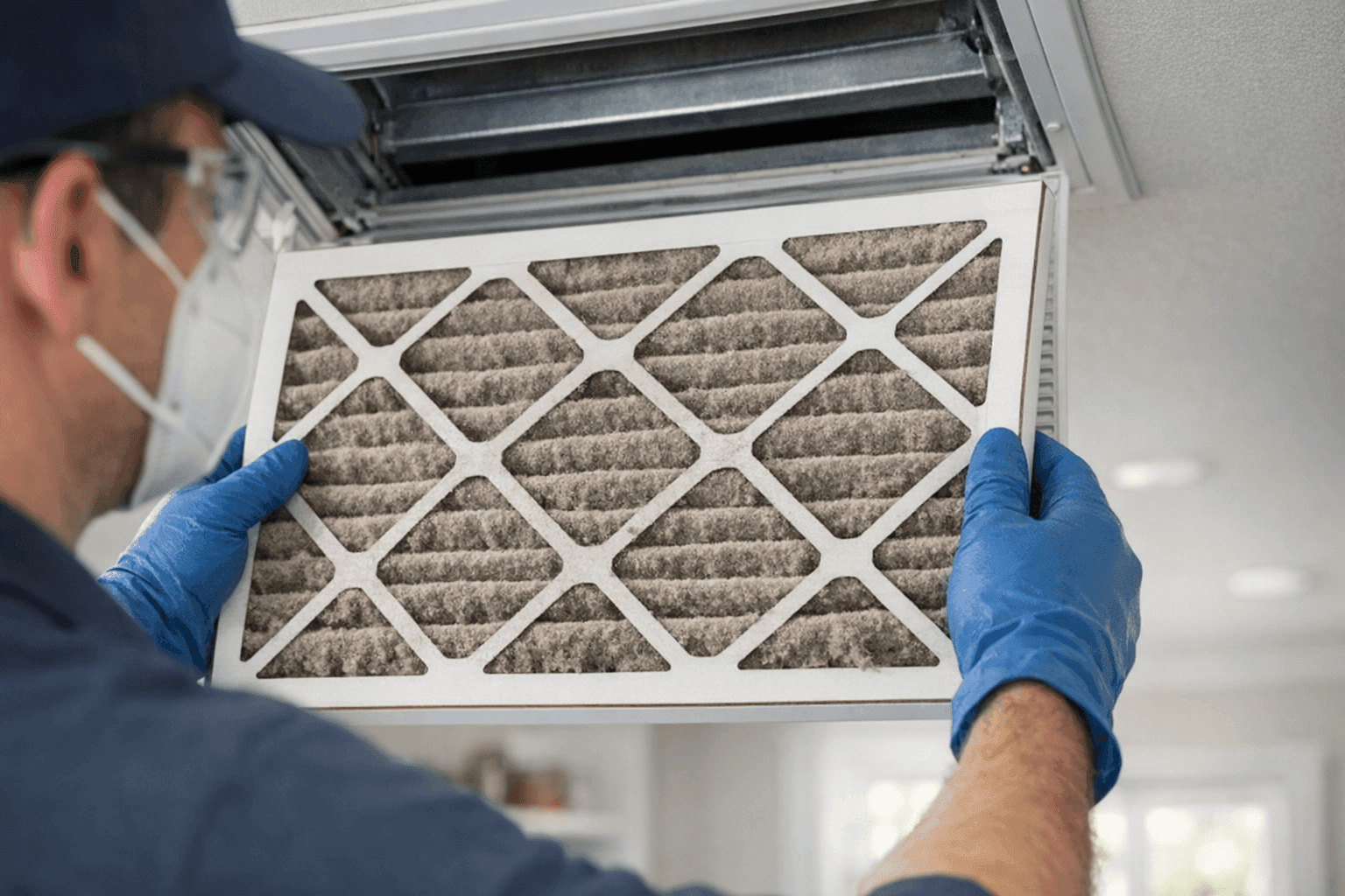 Technician changing a dusty HVAC filter in a home