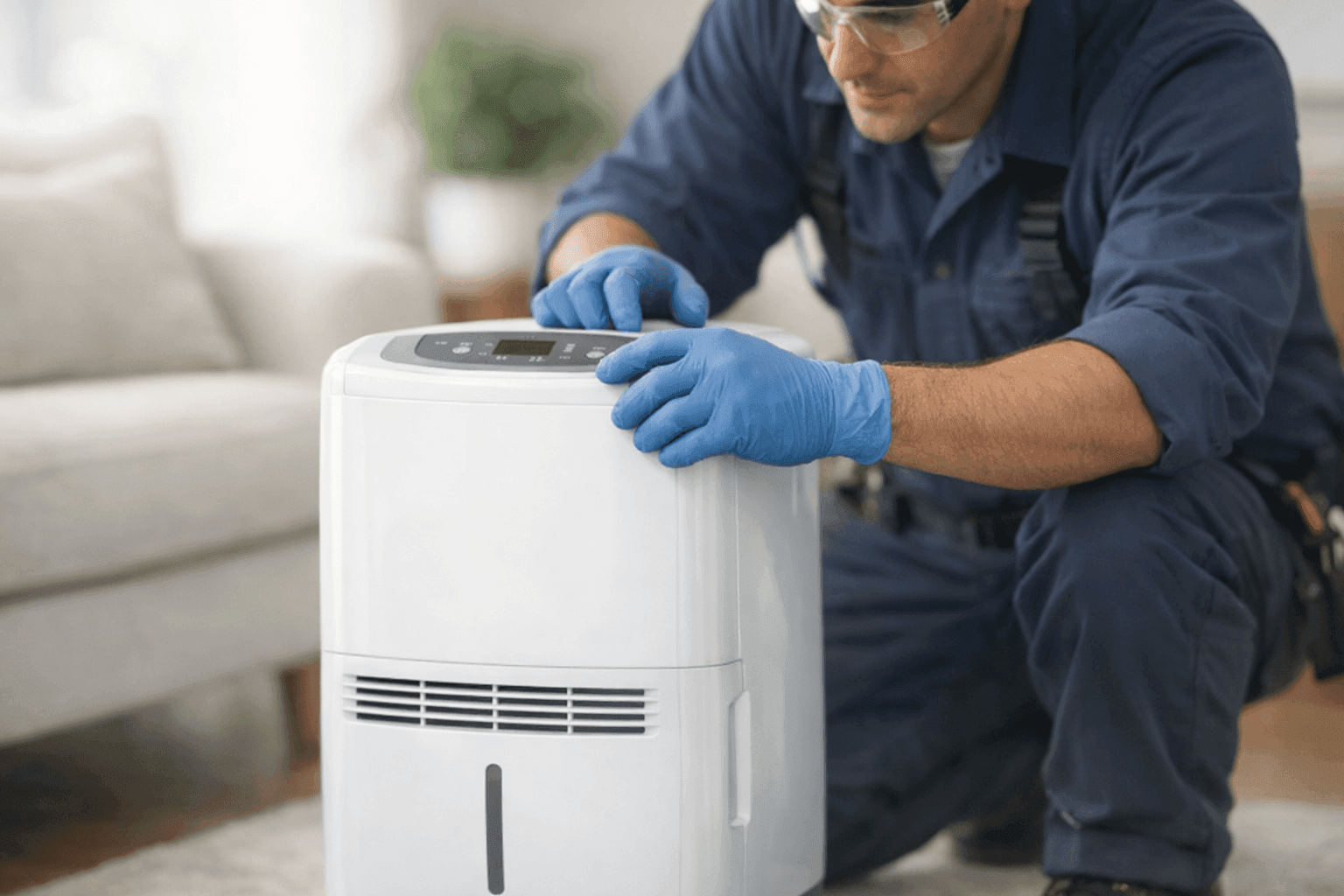 Technician adjusting dehumidifier settings in a living room