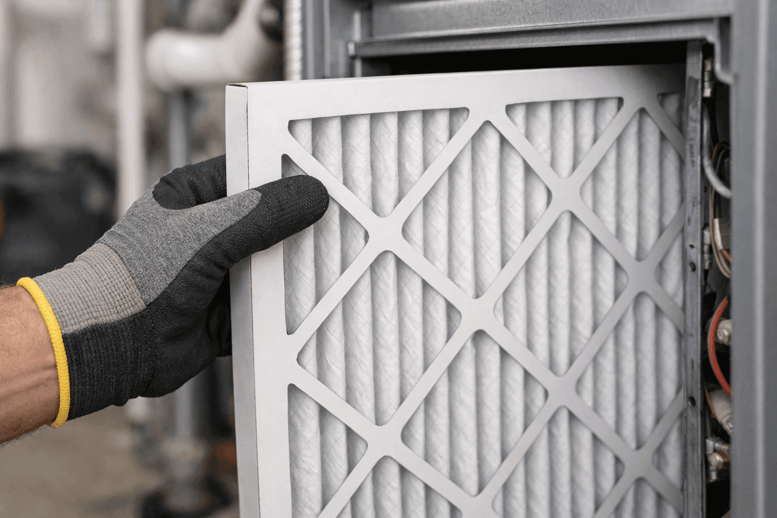 Technician sliding a new HVAC filter into a furnace compartment