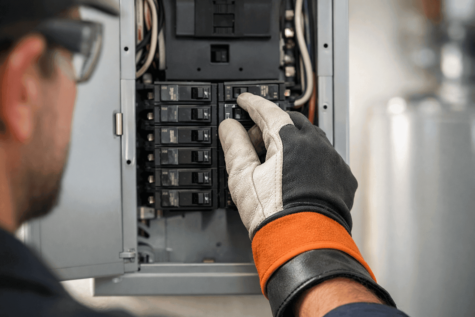 Technician resetting a circuit breaker in a home's electrical panel