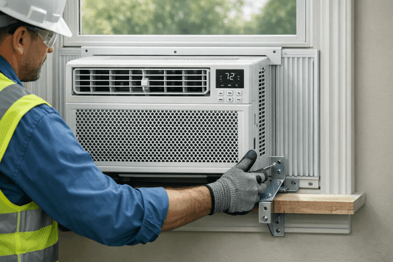 Technician installing a window AC unit with secure brackets