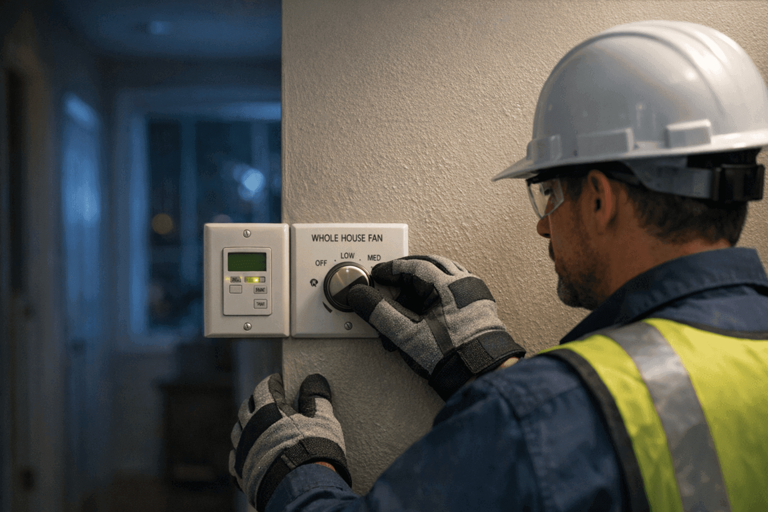 Technician setting whole-house fan controls in a home hallway at night
