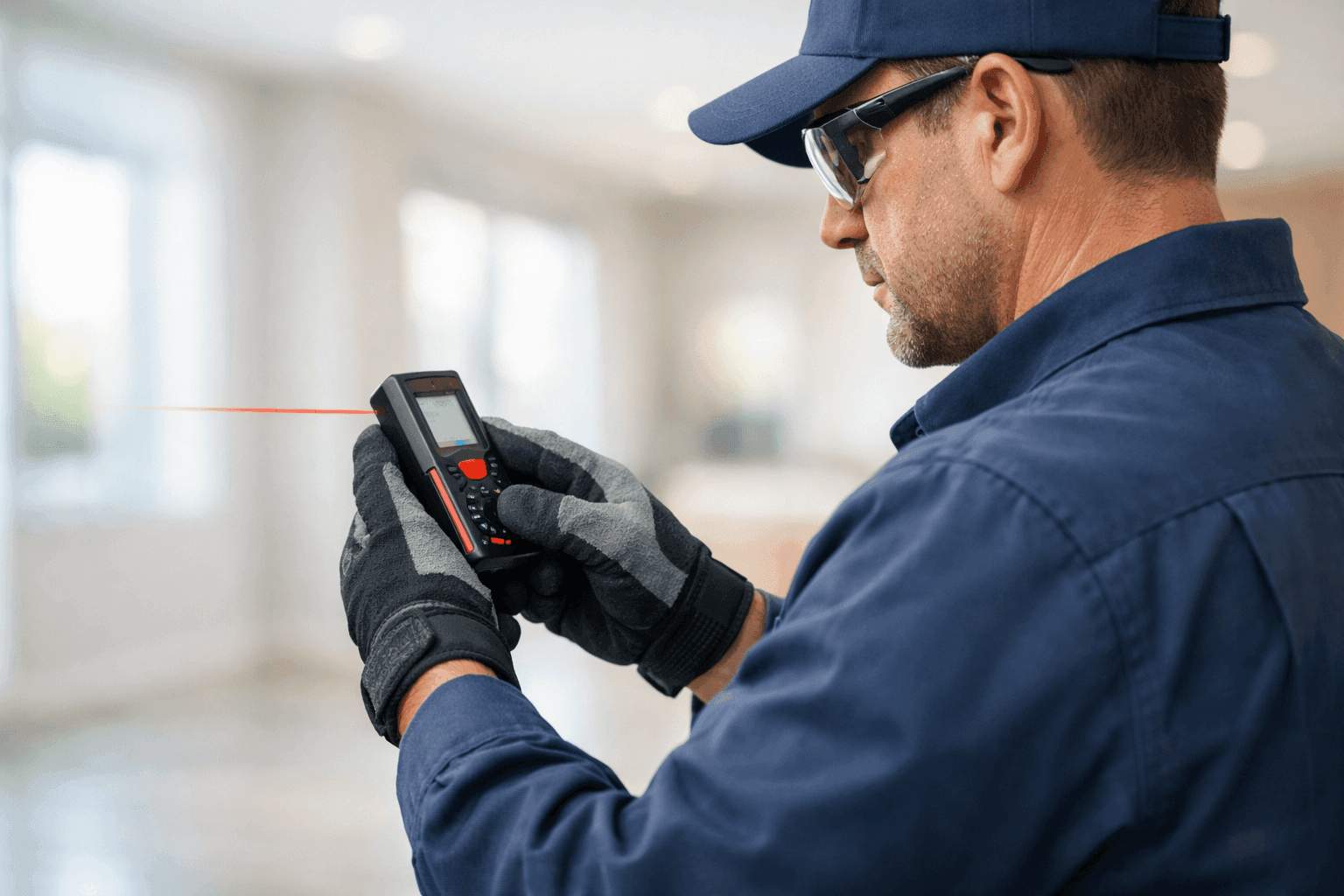 Technician measuring room dimensions with a digital laser for AC sizing