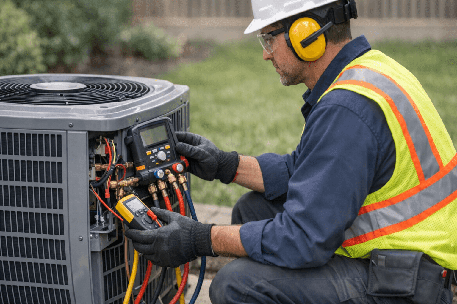 Technician inspecting AC condenser with diagnostic tools