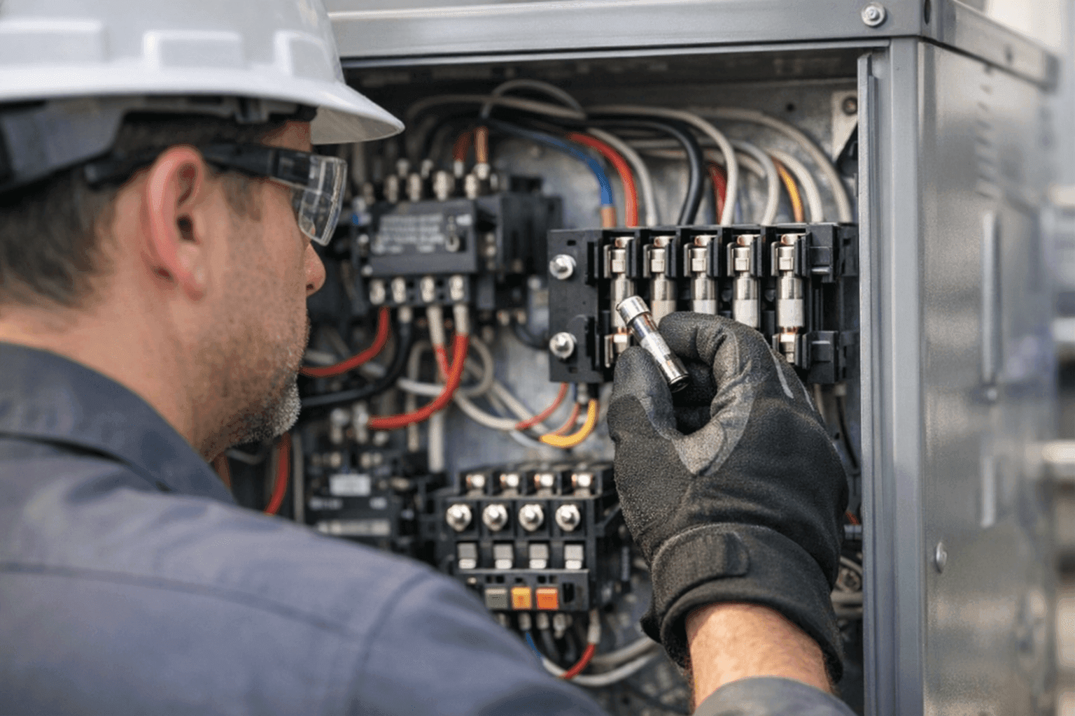 Technician examining fuses in an HVAC control panel
