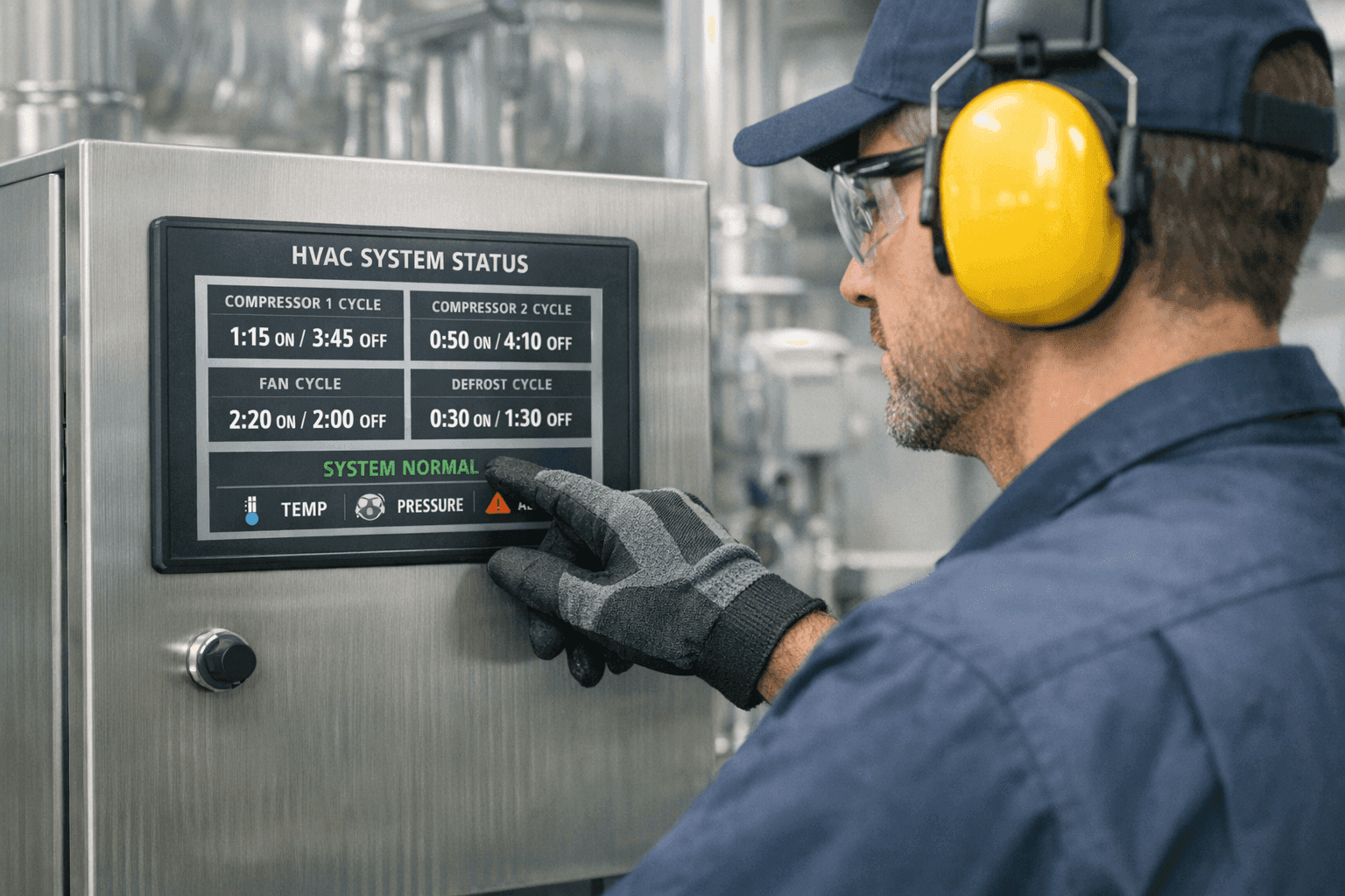 Technician monitoring HVAC system cycles on a digital interface