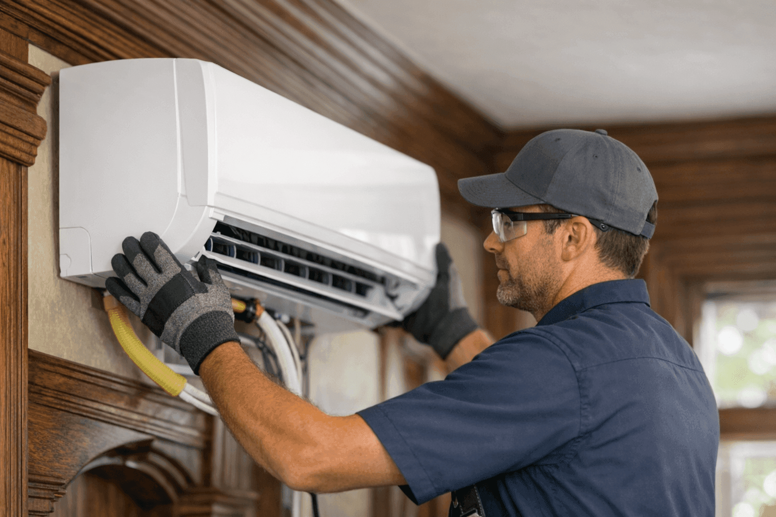 Technician retrofitting ductless mini-split in older home