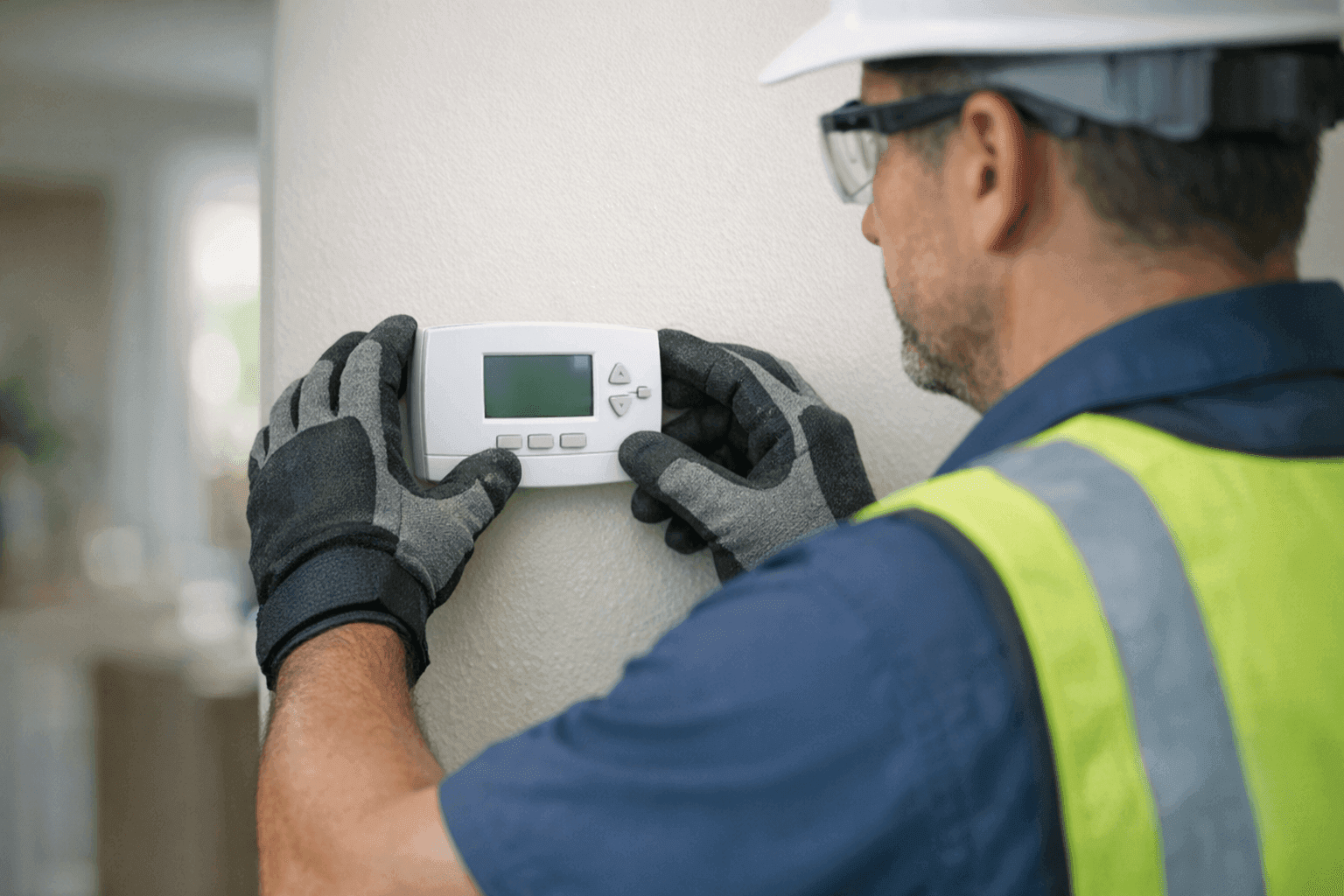 Technician installing a new programmable thermostat on a wall