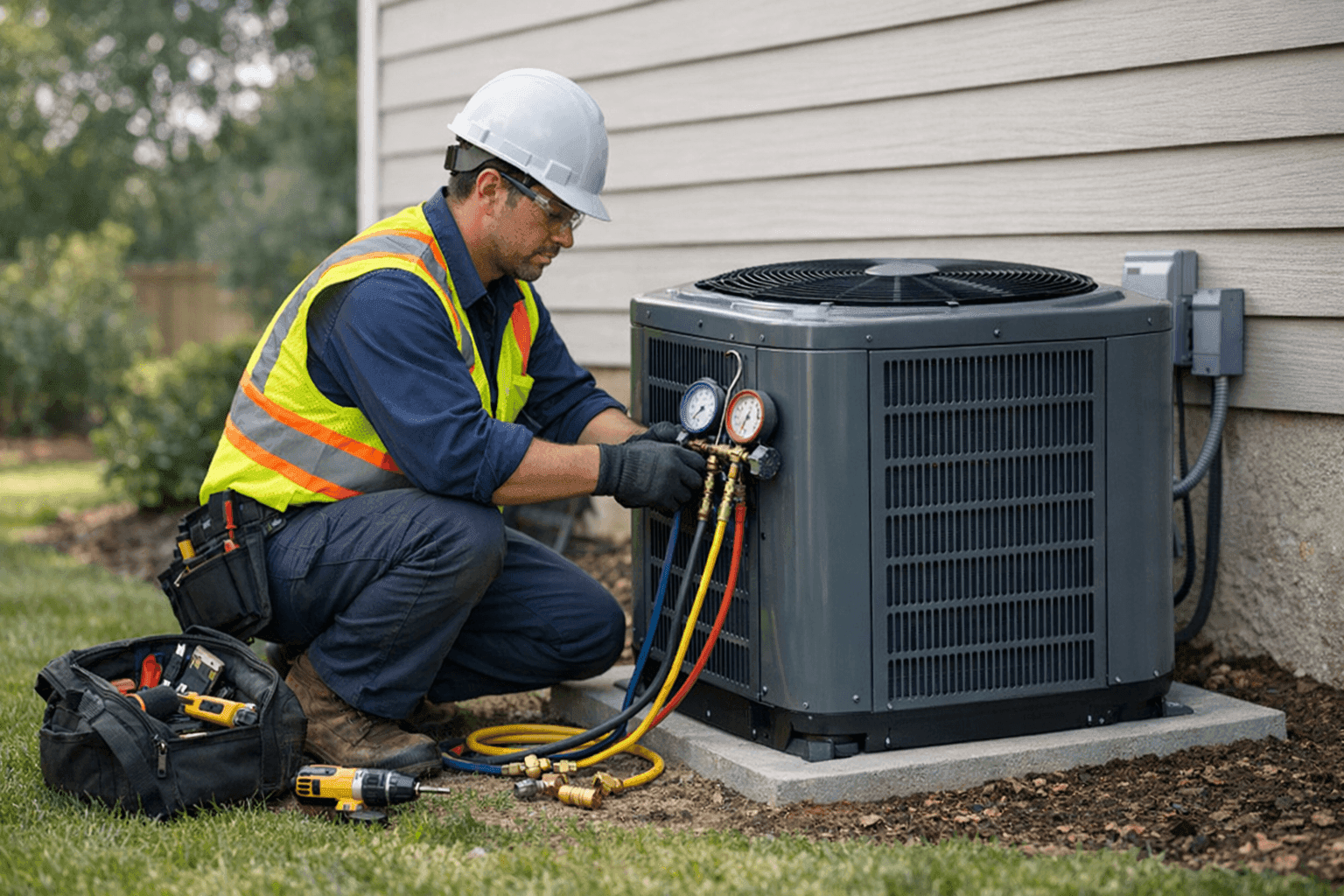 Technician installing new central AC unit outdoors