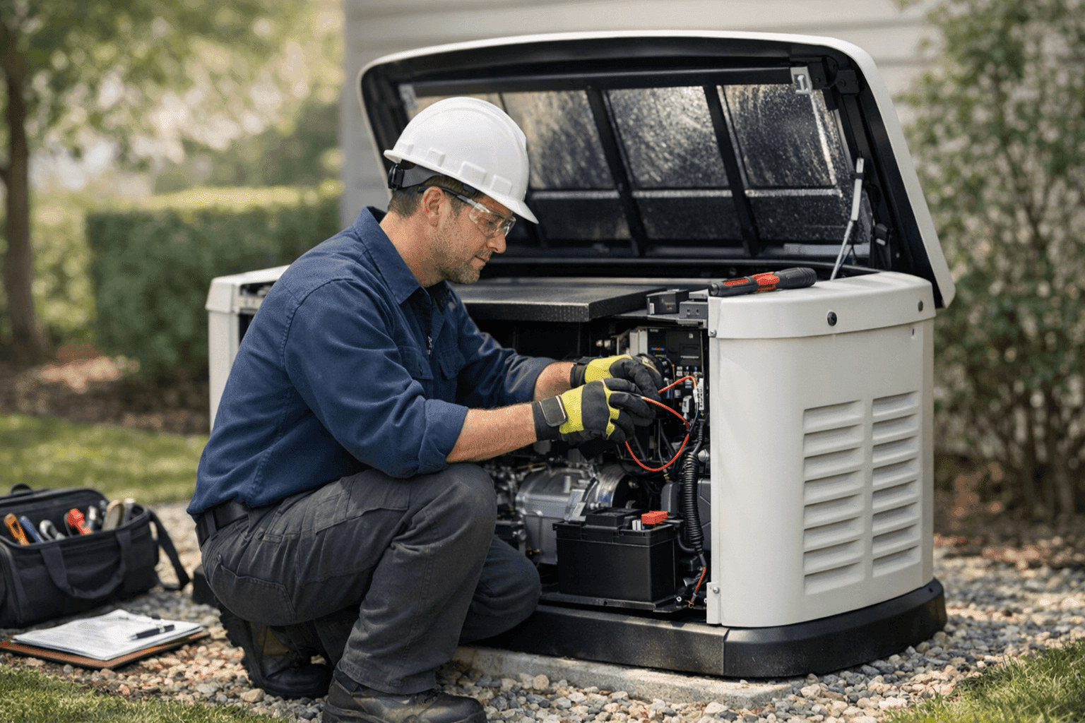 Technician performing maintenance on standby generator