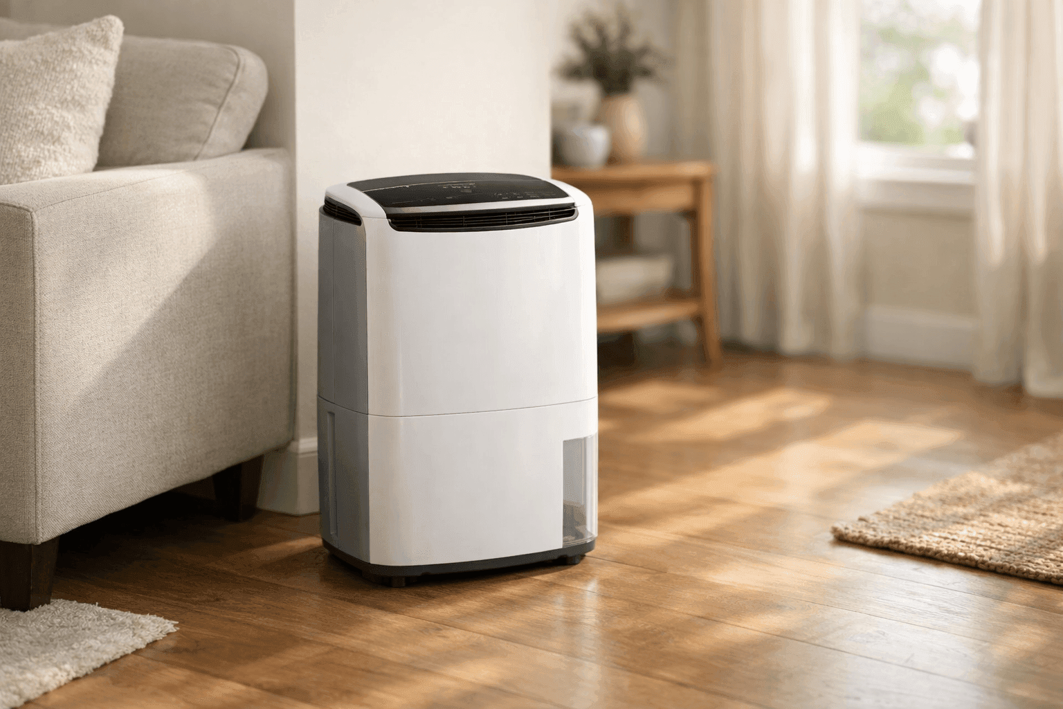 Dehumidifier in use in a modern living room