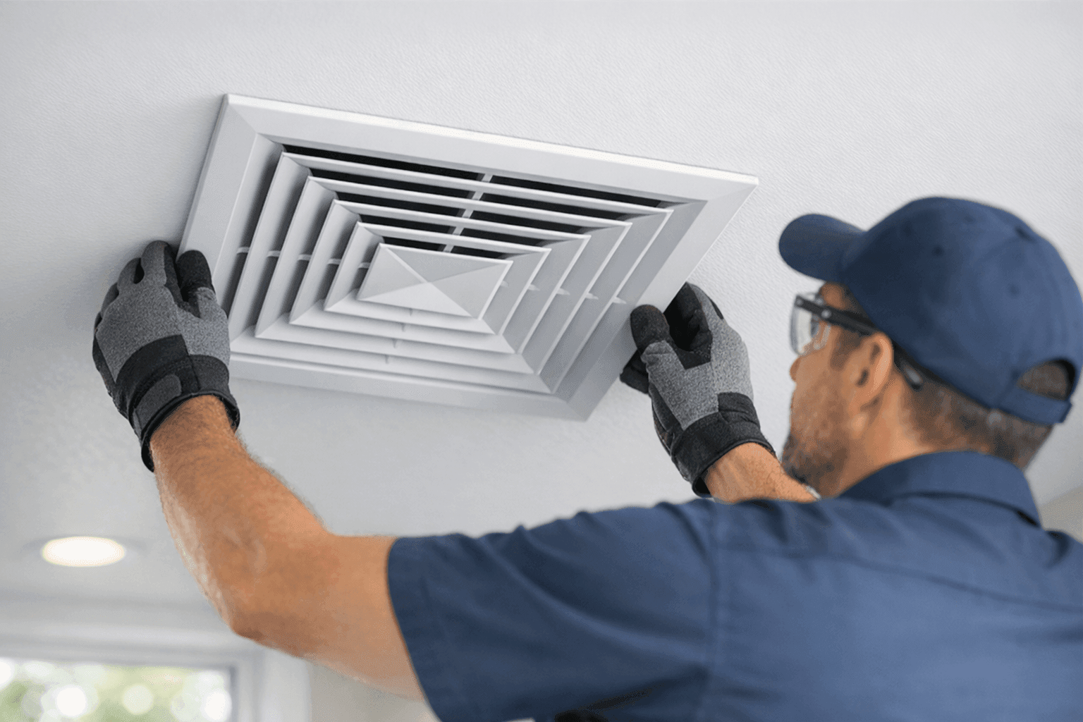 Technician adjusting modern ventilation grille in ceiling