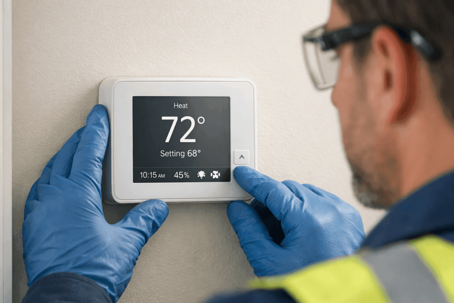 Close-up of a technician examining a wall-mounted digital thermostat