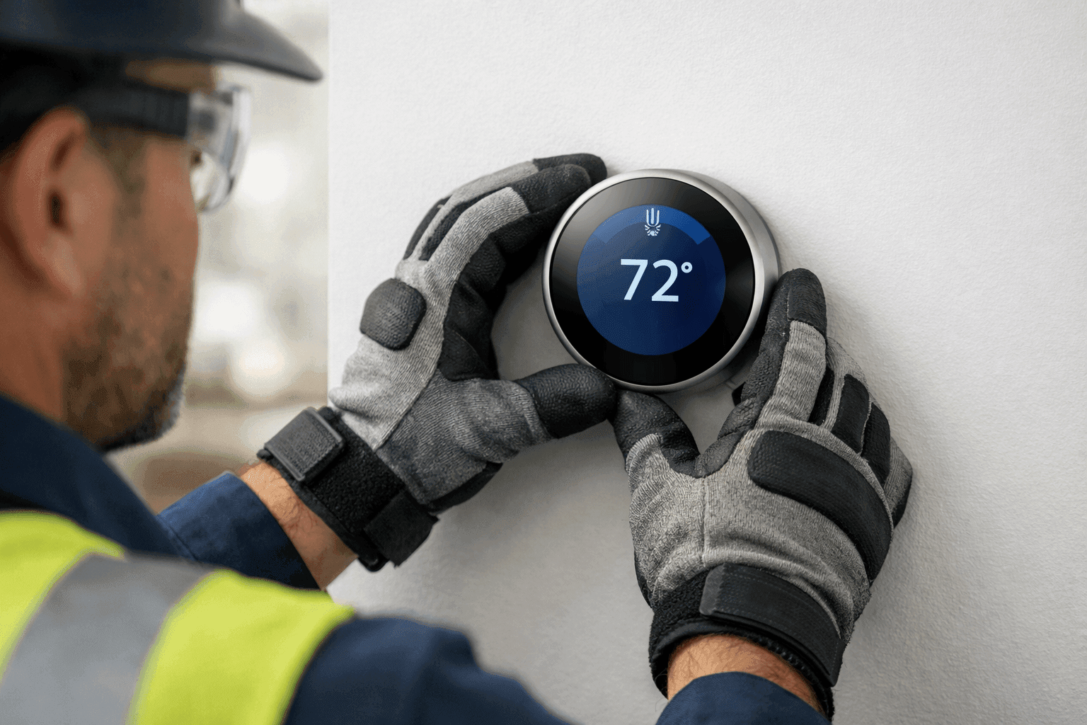 Technician configuring a smart thermostat on a home wall