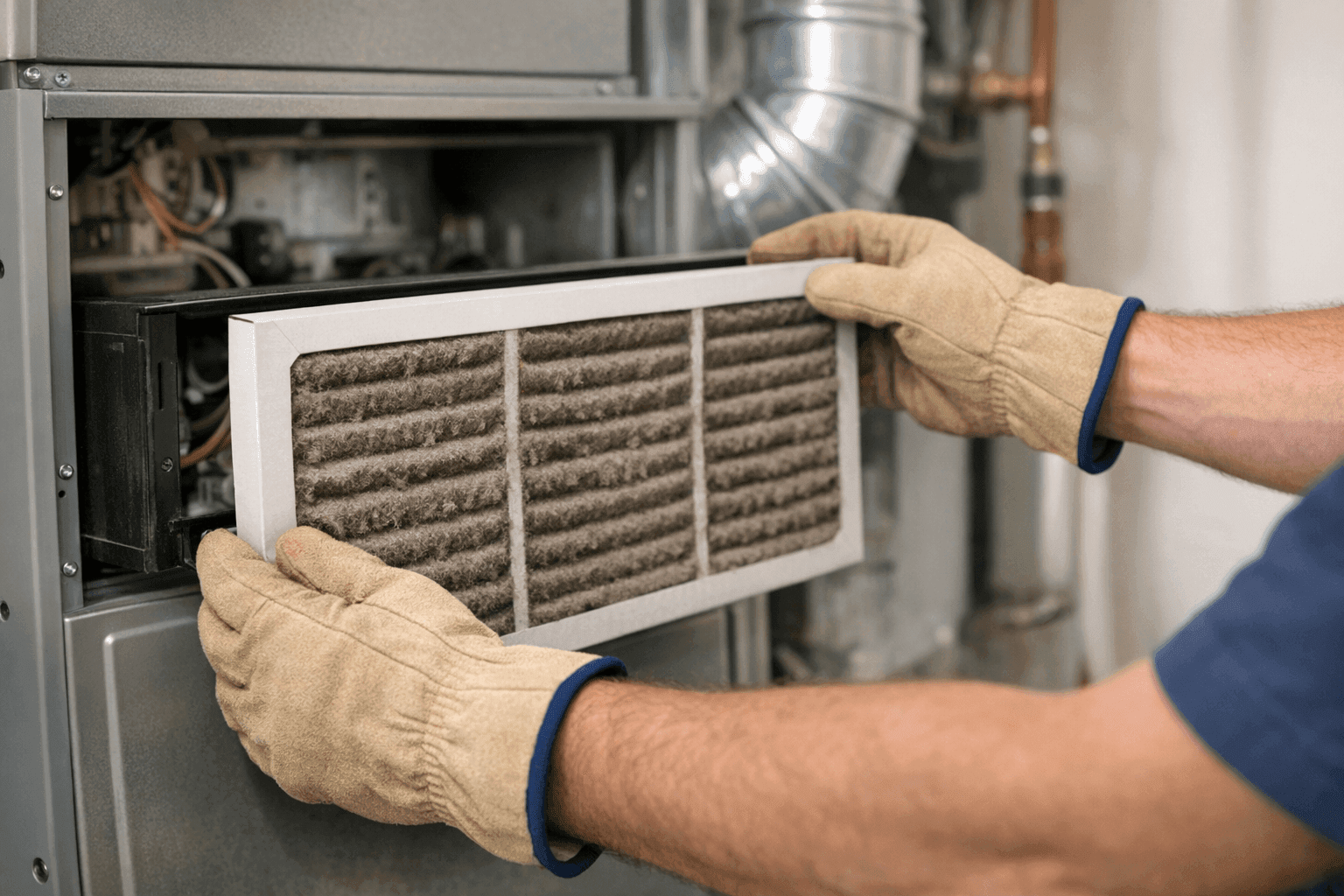 Technician removing a dirty HVAC filter for replacement