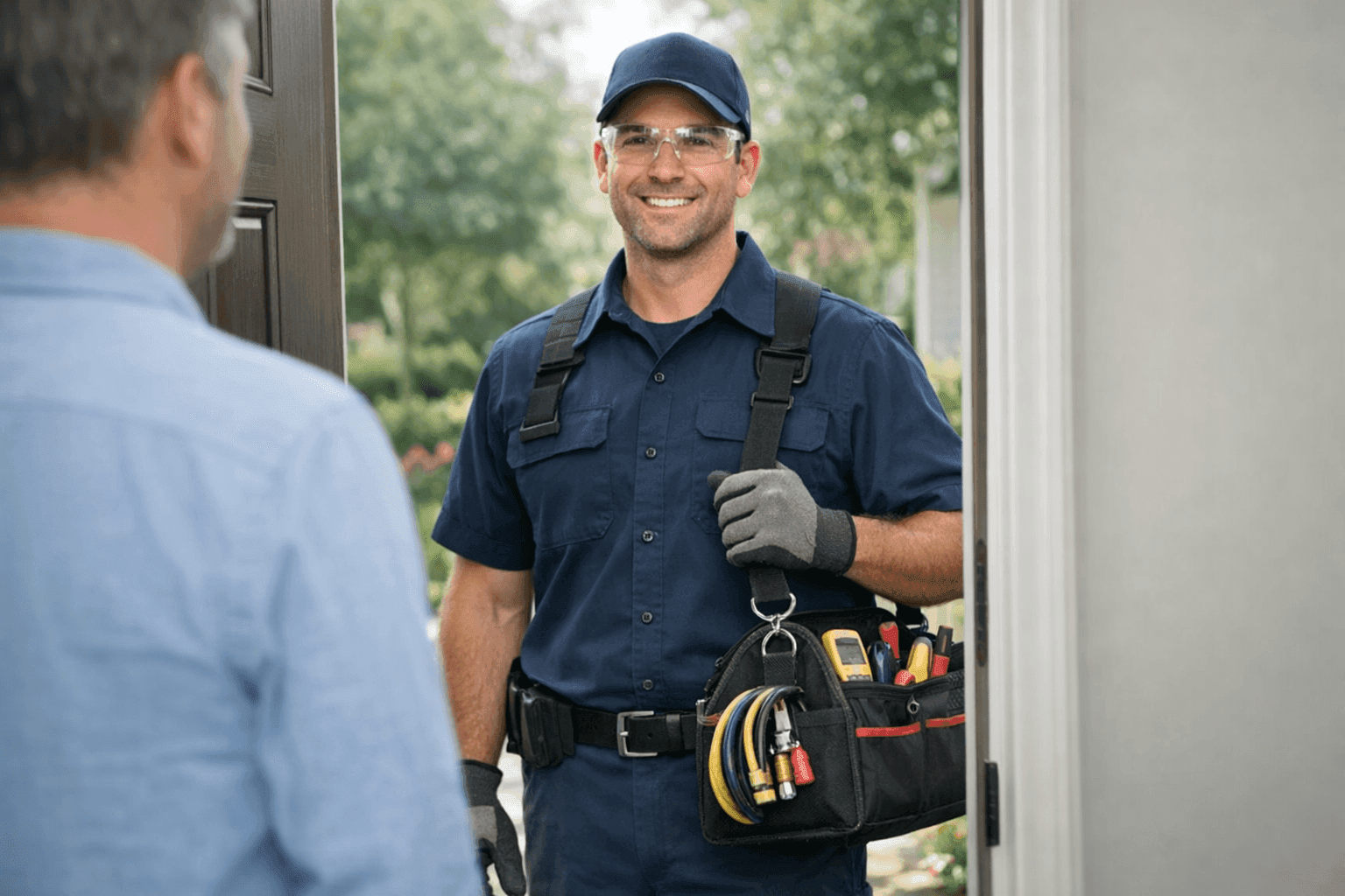 Technician greeted at door by a homeowner (no faces)